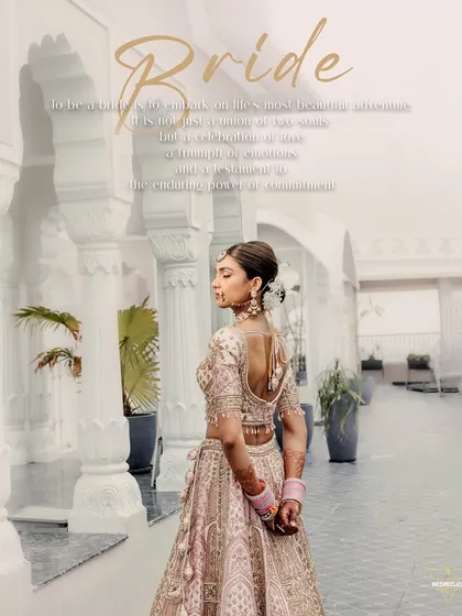 A stunning back-shot of the bride with a text overlay, turning her portrait into a poetic statement about her journey.