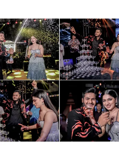 A collage of fun moments from an after-party, including the champagne tower celebration. We plan the entire night's entertainment, from start to finish.