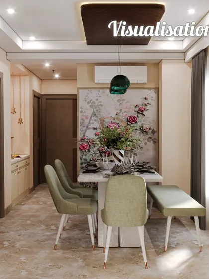 The 3D visualization for a dining space, complete with floral artwork, modern chairs, and elegant lighting. This is the first step in creating a beautiful and functional area.