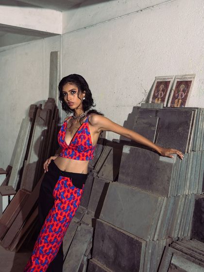 A different composition from the industrial-themed shoot, using stacked tiles as a graphic element in the background.