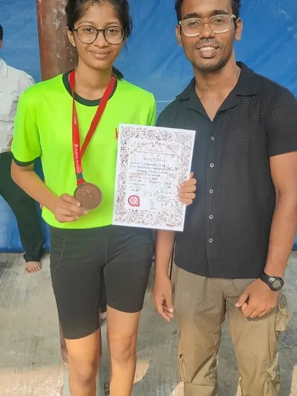 Congratulations to our talented student, Twarita Shah, for securing 3rd place at the MSSA Mallakhamb Competition. She is pictured here with her dedicated coach, Omkar Bodke Sir, who was instrumental in her success.