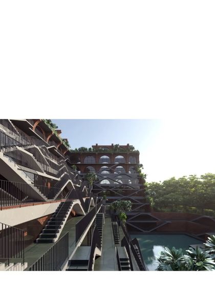 A rendering of the 'Sanskriti Vihara' school, showing the complex, layered facade that encourages movement and interaction.