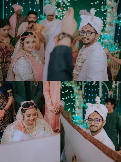 A collage of stolen glances during the wedding ceremony. These candid shots capture the sweet, unspoken communication between the bride and groom amidst the rituals.