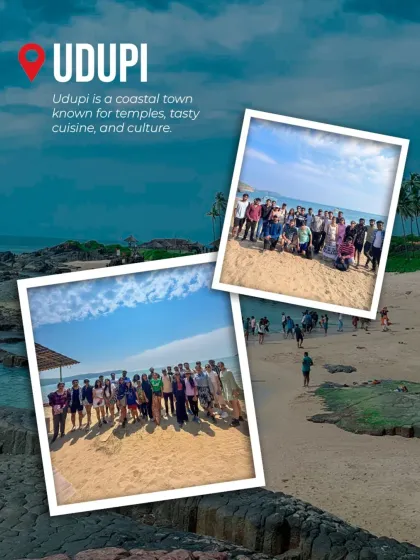 A promotional graphic for our Udupi trips, known for their pristine beaches, unique geological formations like St. Mary's Island, and delicious cuisine.