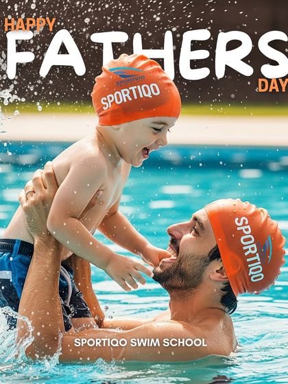 A happy Father's Day post celebrating dads as the first coach and cheerleader, inviting families to bond in the pool.