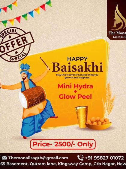 Celebrate the festival of Baisakhi with our special offer. Get a Mini Hydra facial combined with a Glow Peel for a festive and radiant complexion at an exclusive price.