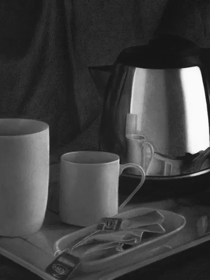 My award-winning still life drawing featuring a kettle and cups. This piece focuses on capturing the high-contrast reflections on the metallic kettle.