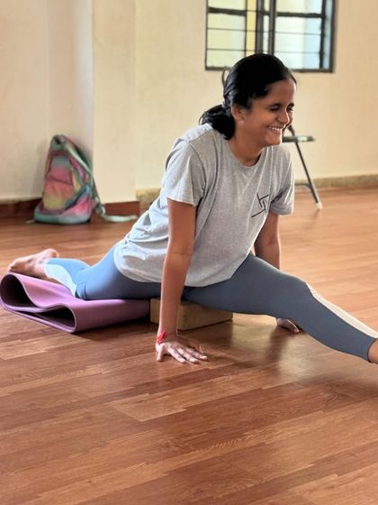 Another angle of Prerana's front split practice. We celebrate every bit of improvement, as it's a result of her hard work and dedication.