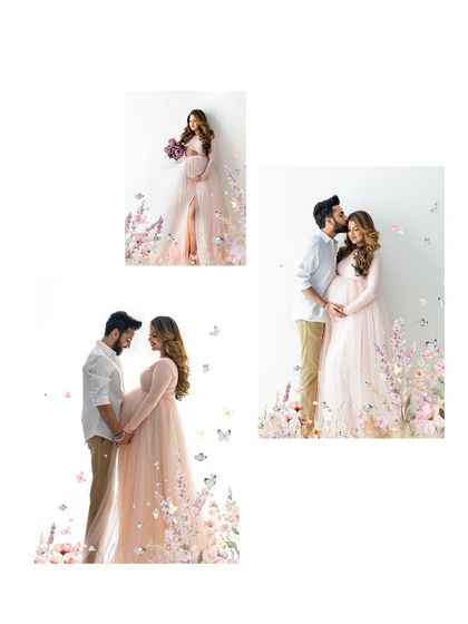 A collage showcasing different moments from a whimsical, romantic maternity session. It highlights both beautiful solo portraits and loving couple interactions.