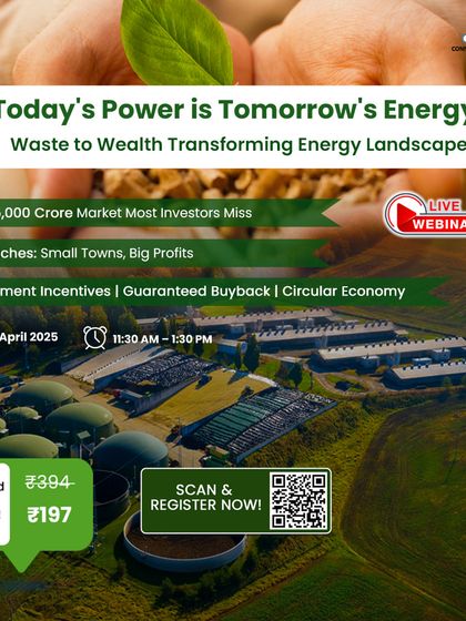 An advertisement for our "Waste to Wealth" webinar, this image shows an aerial view of a large Bio-CNG plant. It highlights the ₹75,000 Crore market that many investors miss, a key area where we provide expert guidance.
