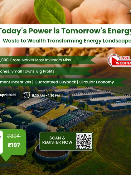 An advertisement for our "Waste to Wealth" webinar, this image shows an aerial view of a large Bio-CNG plant. It highlights the ₹75,000 Crore market that many investors miss, a key area where we provide expert guidance.