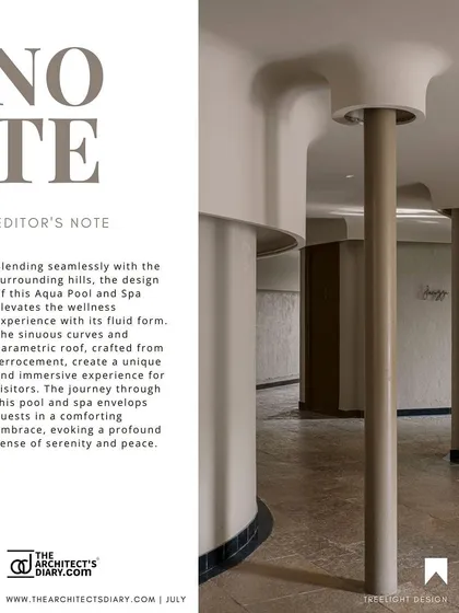 The editor's note from The Architect's Diary, praising the serene and immersive experience of the Aqua Pool & Spa, is paired with a detail of the interior columns.