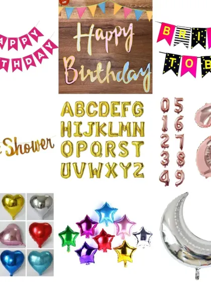 A variety of party supplies including paper banners, foil number and letter balloons, and shaped foil balloons.