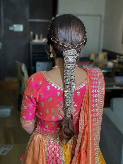 A closer look at the detail of the Gotapatti braid. It's a wonderful alternative to flowers for a bride who wants a more structured but equally beautiful hair accessory.