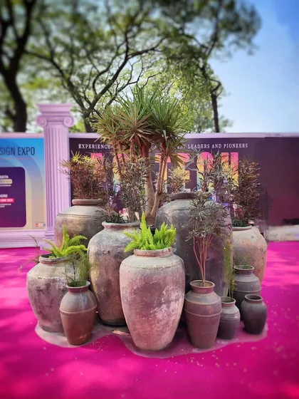Our installation of antique urns took center stage at the Acetech Design Expo. We created this eye-catching cluster on a bright pink carpet, filling the rustic pots with ferns and a central Yucca tree to showcase our signature style.