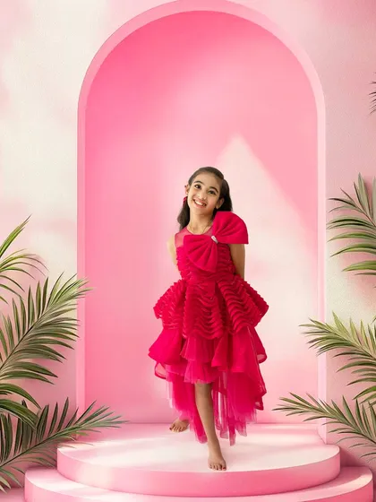A stylish portrait of the birthday girl posing in a pink arched doorway, surrounded by tropical leaves.