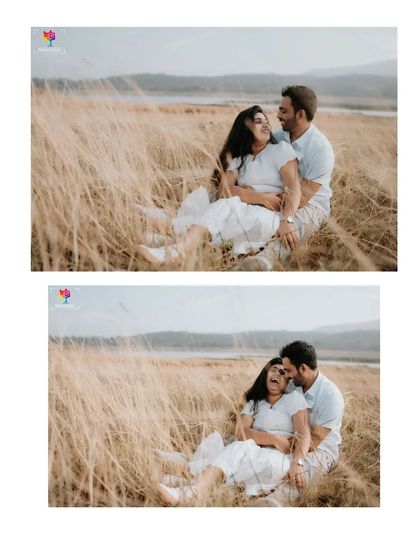 A diptych showing a couple sharing a laugh while sitting in a field, capturing a moment of genuine happiness and connection.