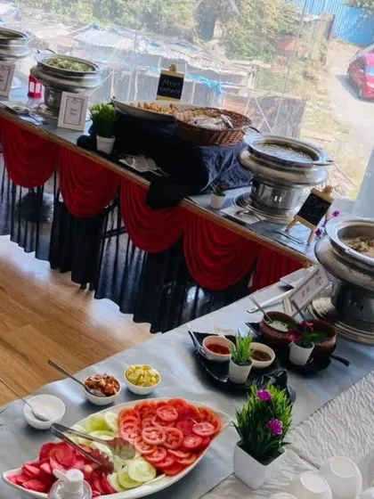 A full buffet line we set up for an Independence Day celebration. The menu includes a variety of Indian dishes, salads, and accompaniments, all professionally presented.