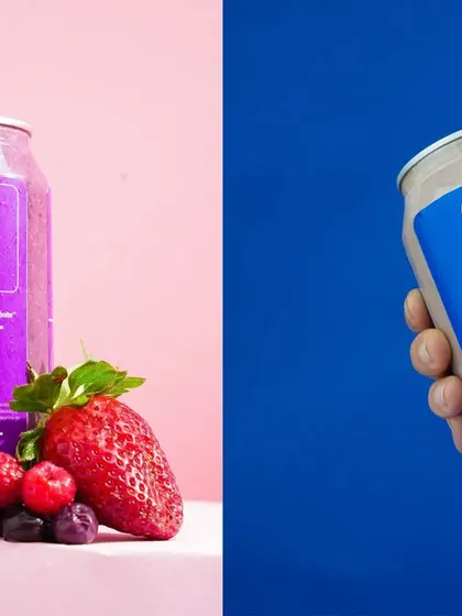 A clean and simple diptych focusing on the product itself. The shot on the left highlights the fresh ingredients, while the one on the right uses a bold, solid color background to make the packaging stand out.