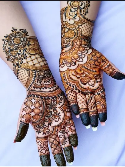 A beautiful and intricate design for the back of the hands, combining floral elements with delicate net patterns.
