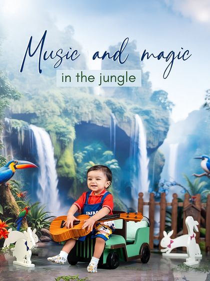 Music and magic in the jungle. This little explorer takes a break from his safari to play a tune on his guitar, surrounded by tropical birds and a waterfall.