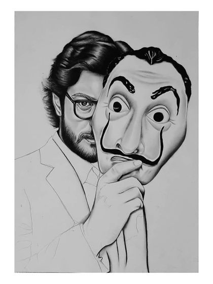 The 96-hour process of drawing El Professor. These images show the careful work of capturing his likeness and the iconic Dali mask.