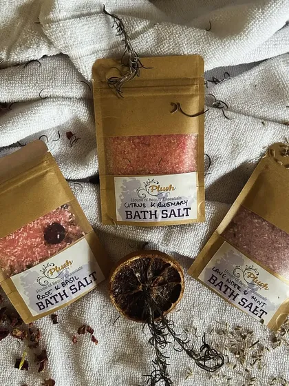 My complete collection of bath salts, ready to transform your bath time into a luxurious ritual. They are made with high-quality Epsom salt and essential oils.