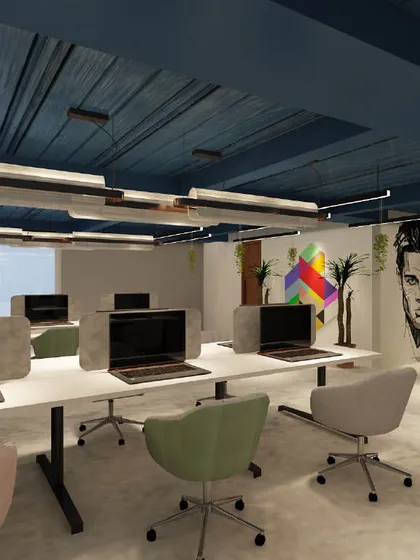 Another view of the minimalist workstations, showing how the space supports productivity and fosters a sense of calm and well-being.