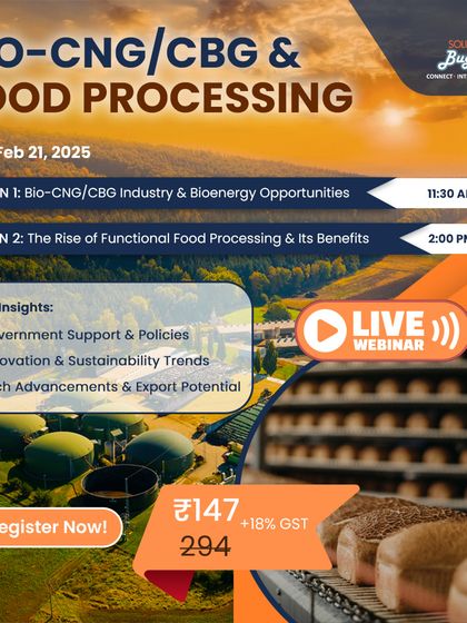 This ad frames Bio-CNG and Food Processing as a "$1.4B Opportunity." It shows a split visual of a biogas plant and a food factory, promoting our exclusive webinar with 5 industry experts.