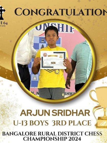 A fantastic achievement for Arjun Sridhar, securing 3rd place in the U-13 Boys category at the Bangalore Rural District Chess Championship.