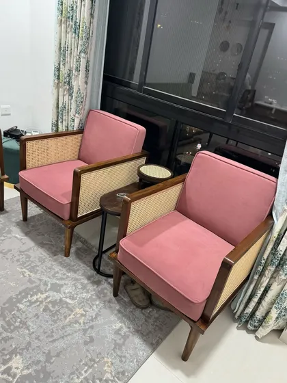 Another shot of the pink armchairs in the client's home.