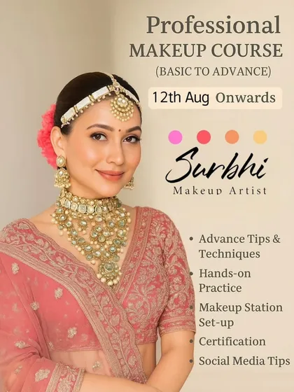 This graphic provides a quick overview of my Professional Makeup Course, highlighting key takeaways like hands-on practice, certification, and social media tips. New batches start soon!
