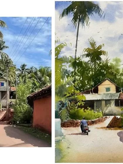 Another example of a reference photo next to the final watercolor painting. This shows how I simplify complex details and enhance colors to create a more impactful artistic composition.