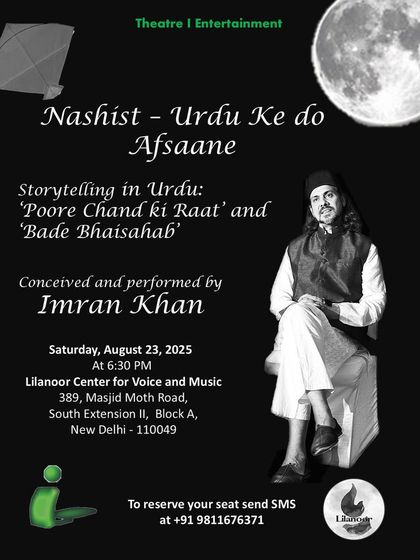 A poster for 'Nashist - Urdu Ke do Afsane', a classic storytelling event. My space is particularly suited for spoken word and literary performances where the focus is on the artist's command of language.