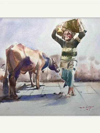 'Endless Toil,' a watercolour painting capturing a scene of daily life. I wanted to show the hard work and the simple relationship between the man and his cow, a common sight in many parts of India.