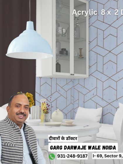 Another digital visualization of our acrylic panels. This light blue geometric pattern is perfect for creating a fresh and modern look in a dining area or kitchen.