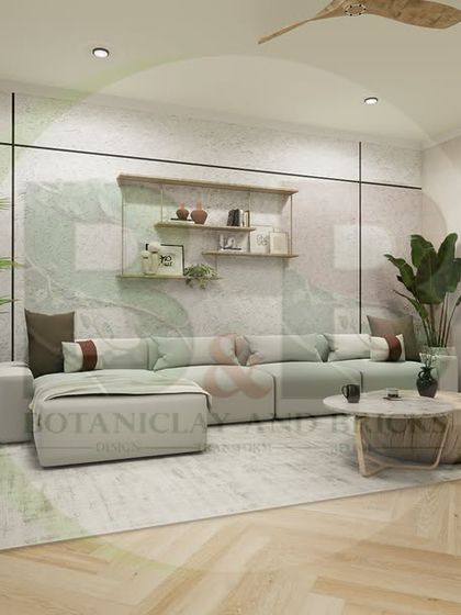This 3D design showcases our take on a Boho-chic living room. The space is defined by light wood herringbone flooring, a comfortable sectional sofa, abstract art, and plenty of indoor plants to create a relaxed, free-spirited atmosphere.