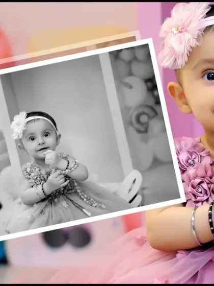 An edited photo from a candy-themed baby shoot, showing the little one in a lovely purple dress surrounded by sweet-themed props.