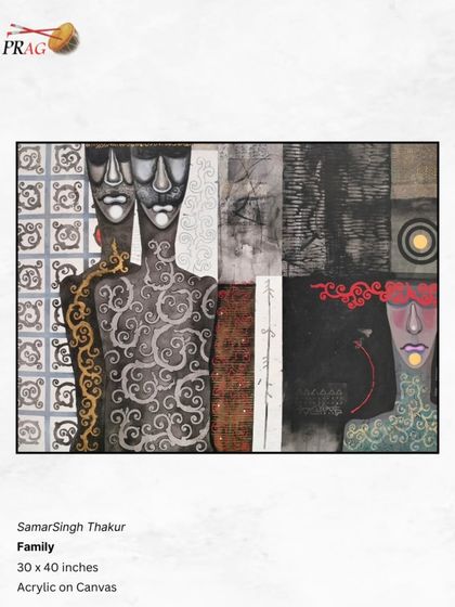 'Family' by SamarSingh Thakur, a mixed-media piece that uses different patterns and textures to explore the complex layers of family identity and connection.