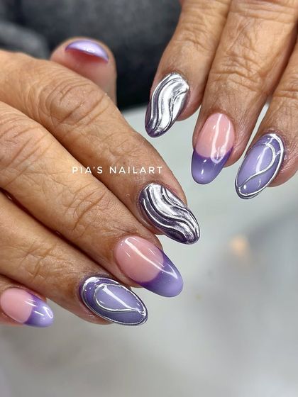 A modern design using a lavender base with silver chrome accents, creating both texture and shine.