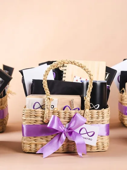 Corporate gifting can be both professional and eco-conscious. For Novatro.ai, we created these beautiful employee welcome kits using handwoven Kauna baskets, filled with branded essentials like a cap, tumbler, and notebook.