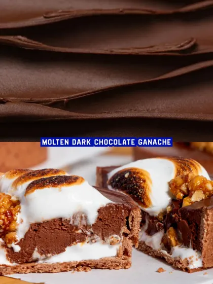 A look at the molten dark chocolate ganache that fills our S'mores Tart, creating a rich and gooey center.