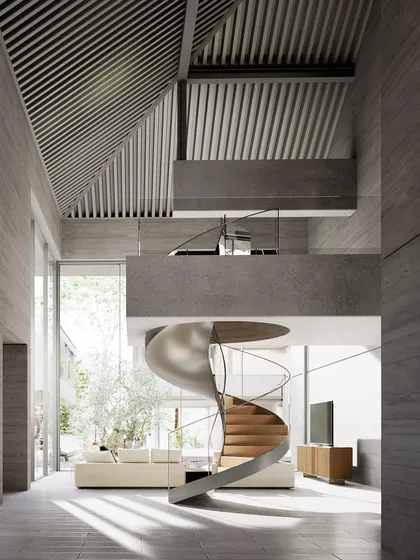 A digital visualization of an upcoming residence in Moradabad. This interior view highlights a key feature: a sculptural spiral staircase that acts as a central organizing element within a double-height living space, all rendered in exposed concrete.