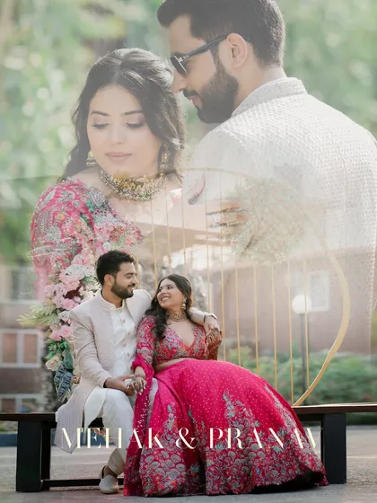 A dreamy, layered portrait of the couple from their Mehendi. The double-exposure effect creates a romantic and artistic image that tells a story of their love.