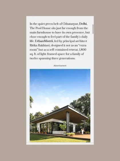 Another glimpse from the Architecture+Design article, showcasing the exterior of the Pool House and describing it as a self-contained, 1,800 sq. ft. retreat for a family spanning three generations.