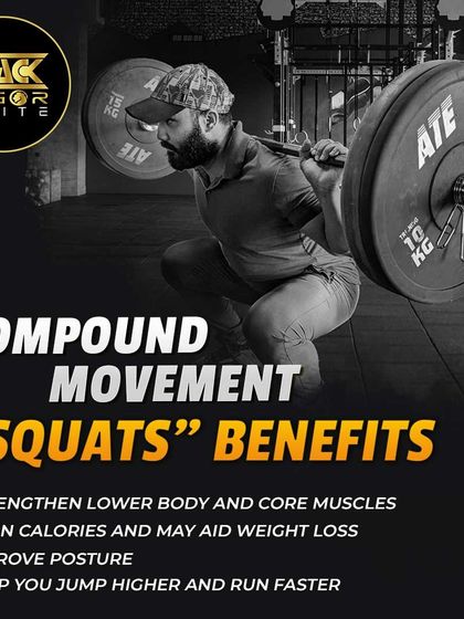 This graphic explains the benefits of squats, a foundational compound movement. We teach you how to perform them correctly to strengthen your lower body, improve posture, and burn calories effectively.