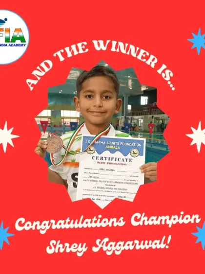 Seven-year-old Shrey Aggarwal with his bronze medal in the 50m Backstroke. A fantastic achievement for one of our youngest champions.