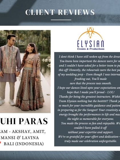 "Your creativity and energy brought the performances to life." A beautiful review from our destination wedding in Bali with Juhi and Paras.