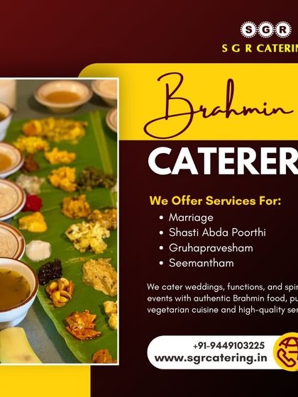Our Brahmin catering services are perfect for marriage, shasti abda poorthi, and seemantham. This image of a traditional banana leaf meal represents the pure vegetarian cuisine we offer.
