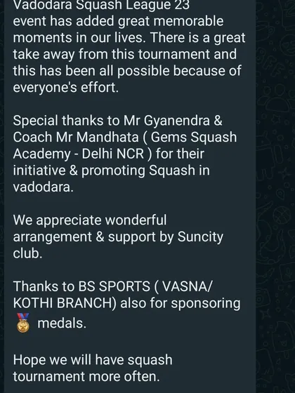 Our expertise is recognized beyond the court. We were honored to be invited by Amity University to speak on career opportunities in sports and receive positive feedback from the Vadodara squash community.